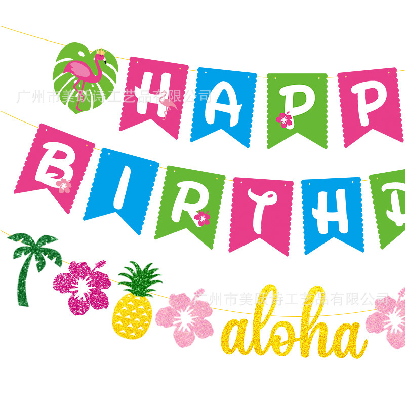 Decoración de fiesta de cumpleaños hawaiana transfronteriza bandera de dibujo decoración de cumpleaños de verano props banderas flamencos