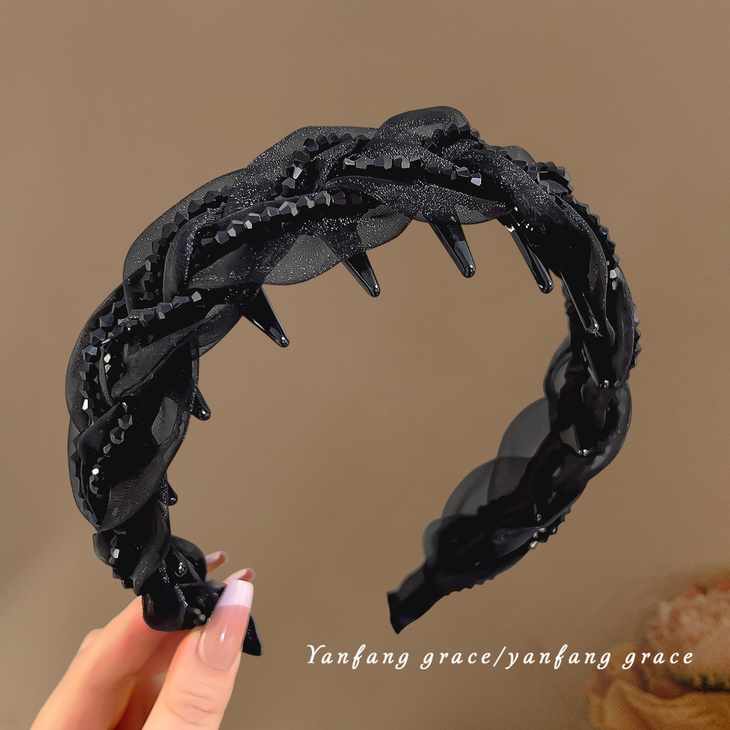 #136 black crystal braid headband