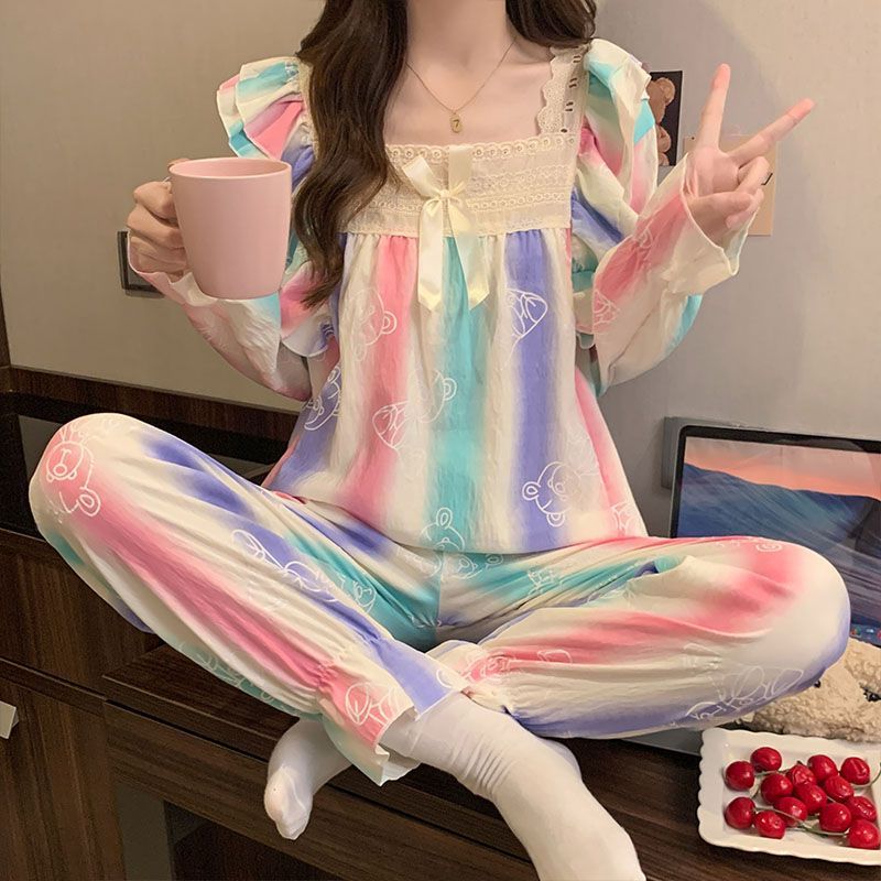 Al por mayor transfronterizo de otoño de mangas largas de encaje cuello cuadrado pijama de mujer dulce cómodo simple cubierta de ropa de algodón para el hogar