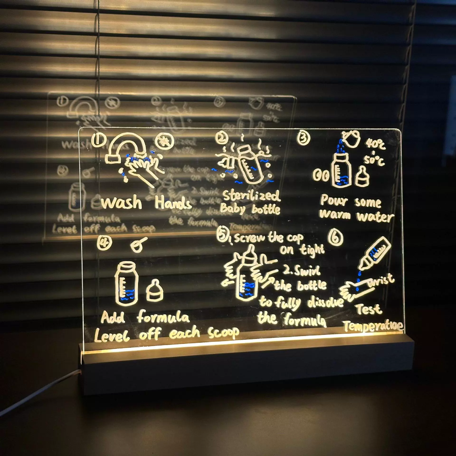 跨境发光儿童留言板创意LED画板木头底座亚克力小夜灯可擦彩灯