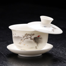 悬停盖碗羊脂玉三才德化简约办公茶杯家用功夫茶具高档茶碗客厅