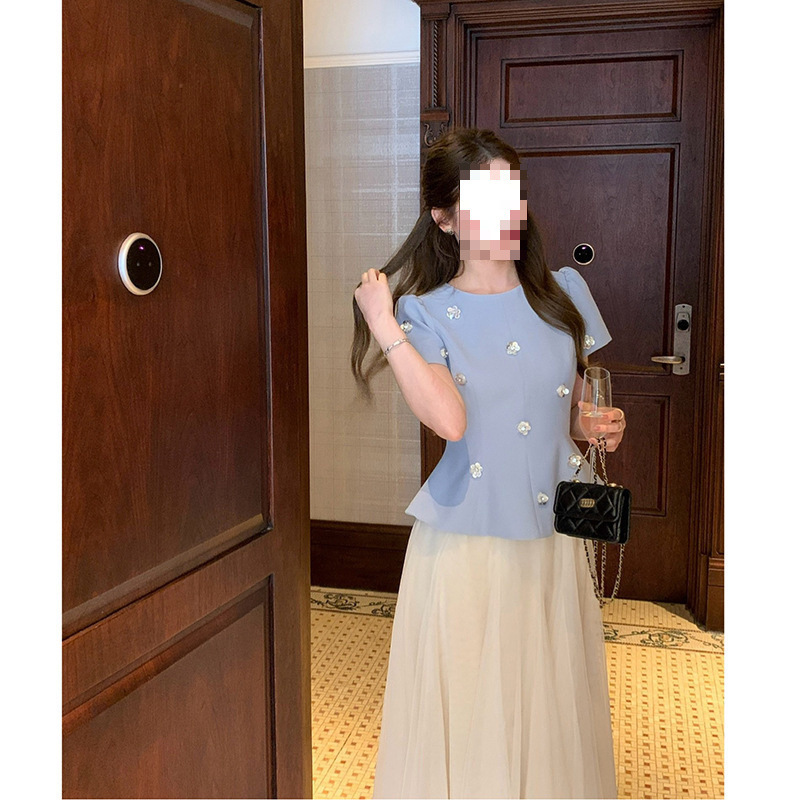 miu娘風フレンチ立体フラワースパンコールピンチウエストトップスレディースノースリーブベスト高級感|undefined