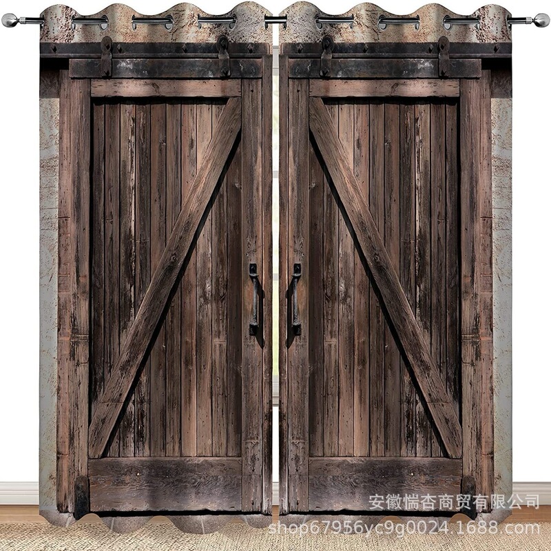 Rustic Style Wooden Barn Door High Blackout Curtains Vintage Brown Wooden Barn Door Farmhouse Country Decor Curtains