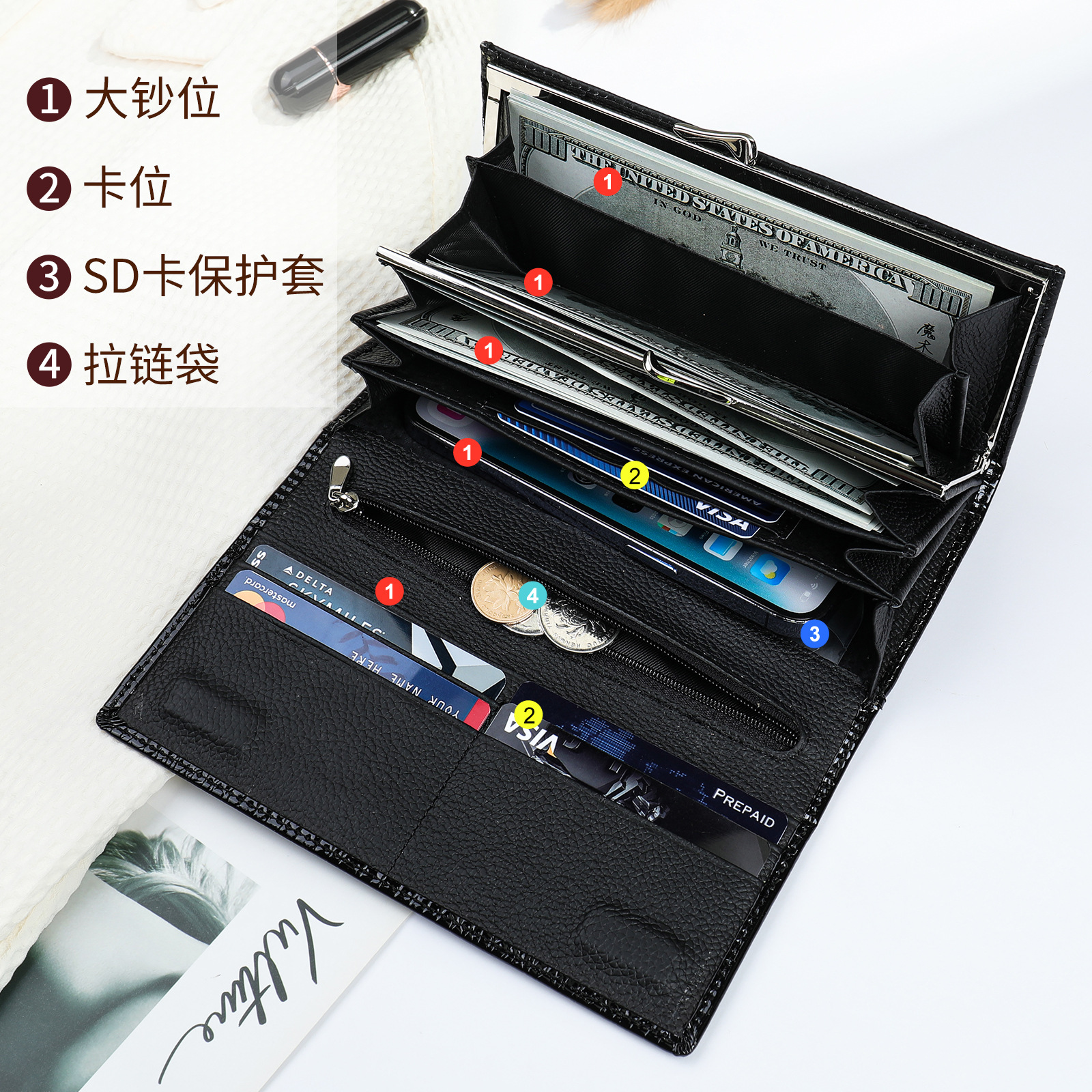 Cross-Border Genuine Leather Evening Clutch Bag Fashion Wristlet Large Capacity Envelope Purse Women's Coin Purse Top Grain Cowhide Handbag - Thumbnail 3