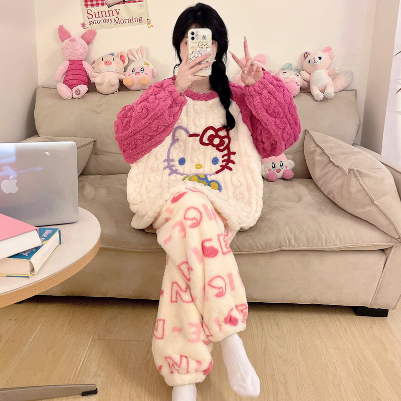 Dopamine Stripe Kt Cat Coral Fleece Pajamas for Women Winter Round Neck Warm Plus Size 100kg Homewear Set
