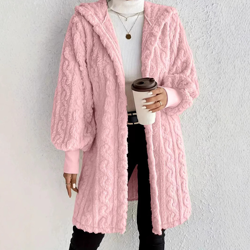 速売通Wish ebay 2025秋冬欧米の女性服の純色の長袖の帽子のゆったりした毛の羽毛の上着の女性|undefined
