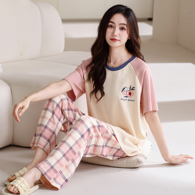 Summer Pajamas for Women 2026 New Style Knitted Cotton Short-Sleeved Pants Set Cartoon Round Neck Pullover Can Be Worn Outside Home Clothes