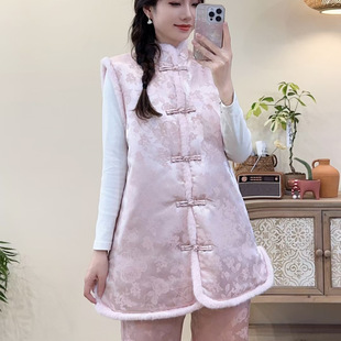Winter New Chinese Style Vertical Collar Cotton Vest Women's Mid-length Jacquard Button Thickened Sleeveless Cotton Jacket