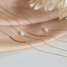 法式简约双层锁骨链钛钢18k金个性百搭气质项链甜妹贝珠饰品女