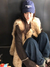 2025秋季新款仿羊羔毛皮草女欧尼马甲中长款皮毛一体毛毛外套