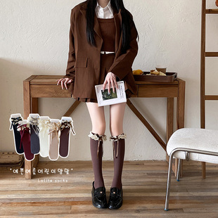 Lace Lolita Calf Socks Bow Pressure JK Long Barrel College Style Matching Boots Slimming Ballet Style Knee-High