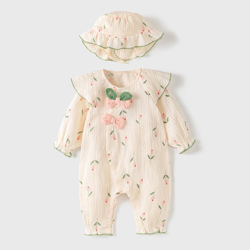 Estilo princesa infantil primavera y otoño pastoral floral con capucha mono de manga larga bebé super lindo mameluco ropa exterior