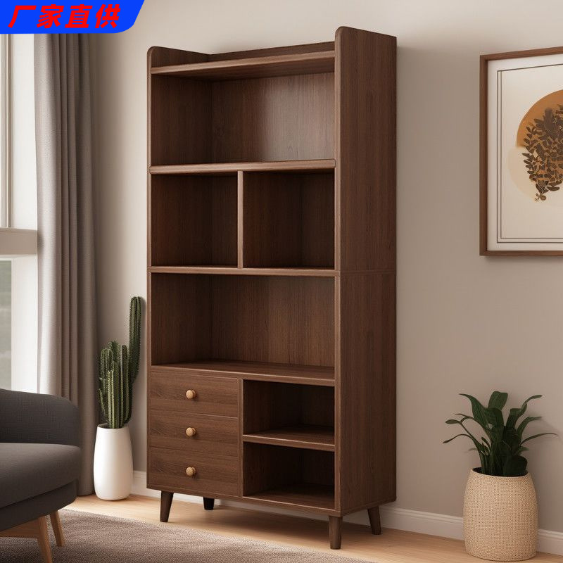 Solid Wood Bookshelf Japanese-Style Floor-Standing Storage Rack Home Storage Cabinet Living Room Storage Cabinet Integrated Wall Student Bookcase