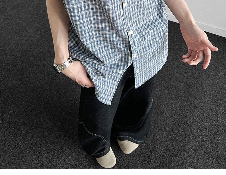 Herren Kurzarmhemd In Hellblau Kariert Lockere Passform Sommer_voghion.com