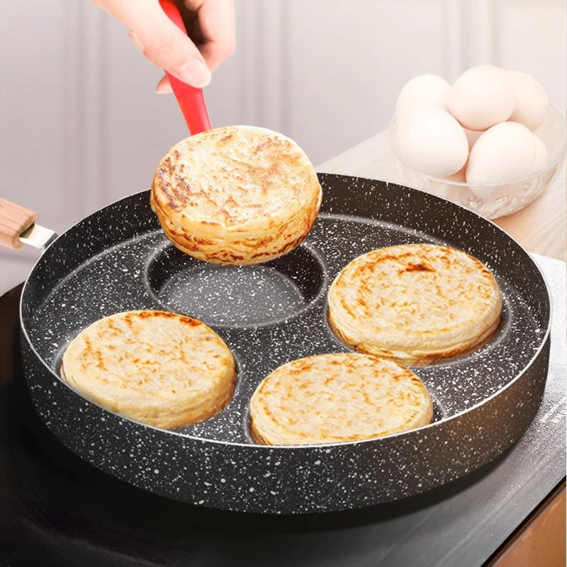 Nuevo tipo de olla de huevos de cuatro agujeros de arroz con recubrimiento de piedra antiadherente, olla de hamburguesas de huevos caseras, olla de desayuno de cuatro agujeros al por mayor