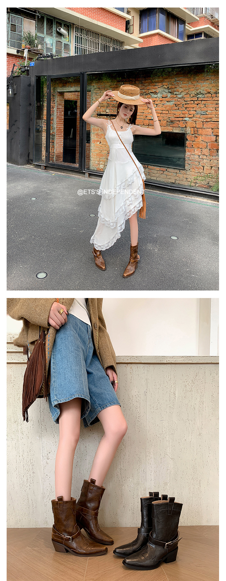 Boot nữ cao gót mũi nhọn chữ V kiểu cowboy gót thô khóa thắt lưng — Màu nâu [lót nhung] chi tiết 12