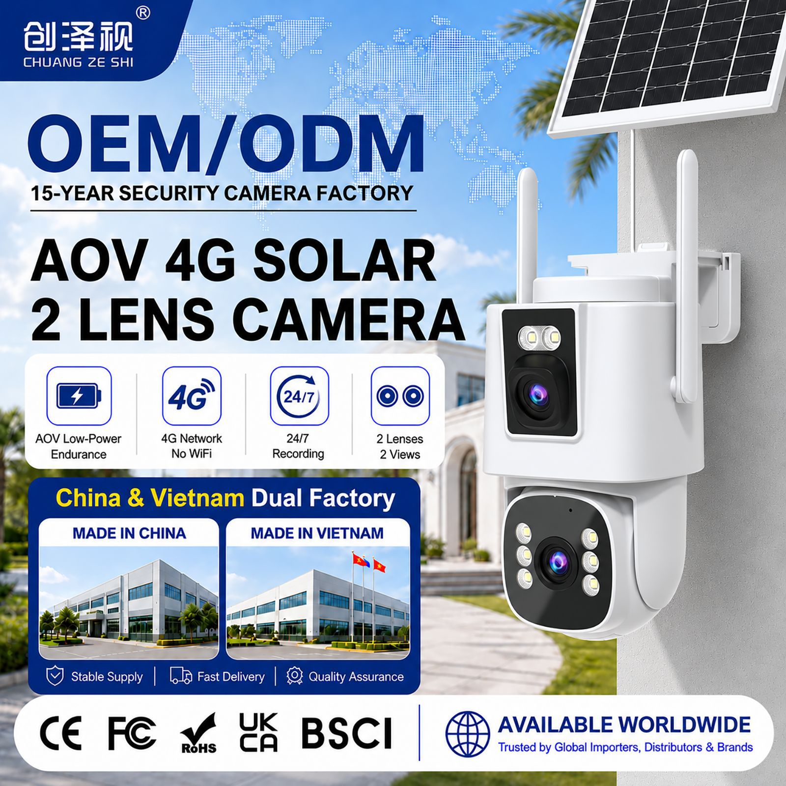 Cámara domo PTZ inalámbrica icsee HD de bajo consumo con energía solar 4G y doble lente AOV para monitoreo transfronterizo en fábricas