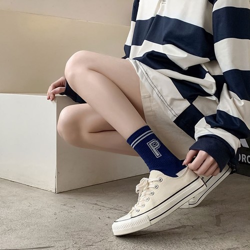 Women's Summer New Cotton Sports Ins Trend Striped Alphabet Socks Summer Refined Cotton Socks Wholesale