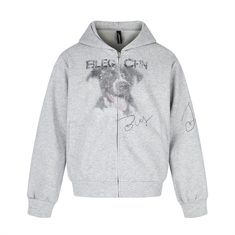 Animal Dog Fuzzy Print Hooded Cardigan Sweatshirt Men's Trendy High Street Loose Casual Sweatshirt Spring and Autumn Jacket