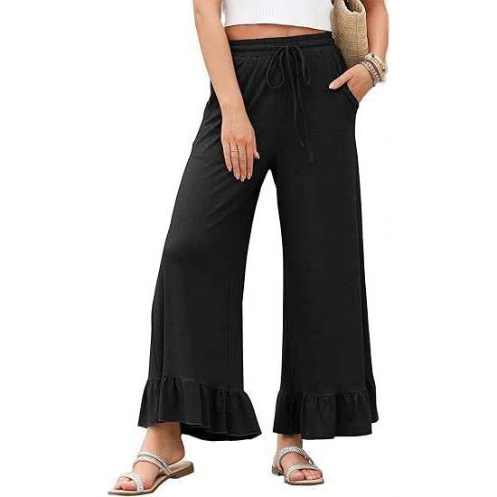 Women's Wide-Leg Pants with Drawstring, Elastic Pleated Hem, Pockets, Elastic Waist, Cropped Length, Versatile, 2026 Spring New Style