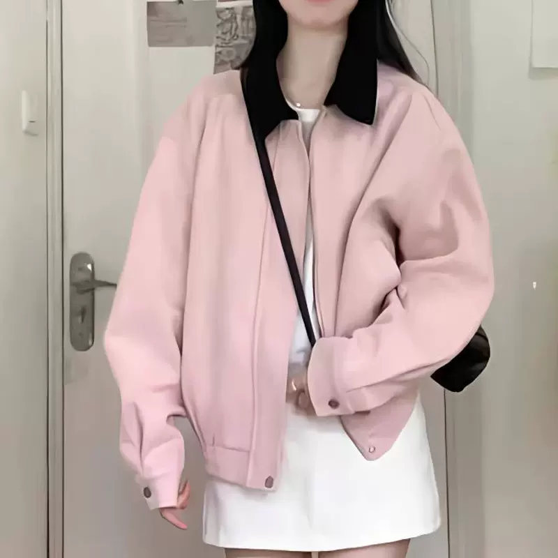 粉色翻领超好看外套女装2025秋冬时尚新款美式复古棒球服休闲夹克