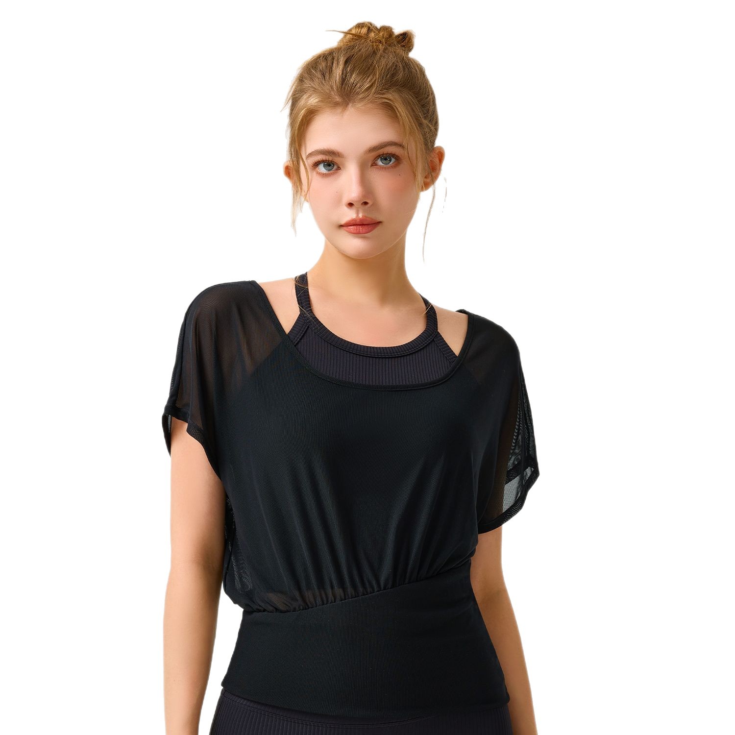 Conjunto deportivo de primavera y verano para mujer, ropa de yoga de alta gama, top de fitness de secado rápido, blusa de malla de manga corta.
