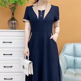Cross-Border New Fashion Style 2025 Thin Belly-Covering Slimming Look Pure Color Mid-Length A-Line Skirt Suit Collar Dress
