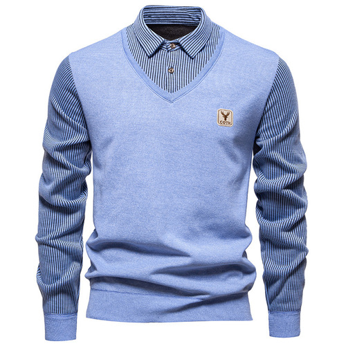 Men's Long Sleeve Two-Piece Woolen Cardigan Fashion Fleece Striped Shirt Knit Crew Neck