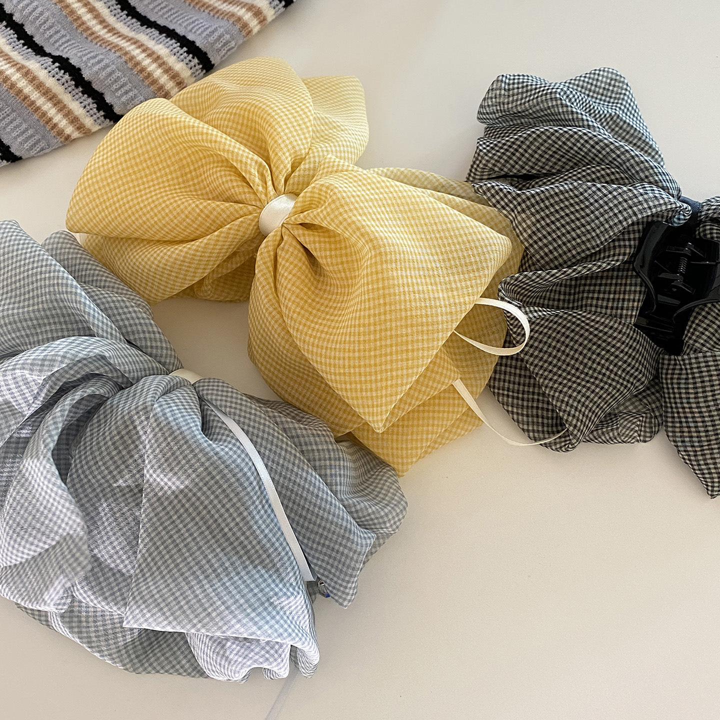 Korean style summer tulle fine plaid crystal pendant bow grip clip ponytail clip girl's all-match hairpin hair accessories