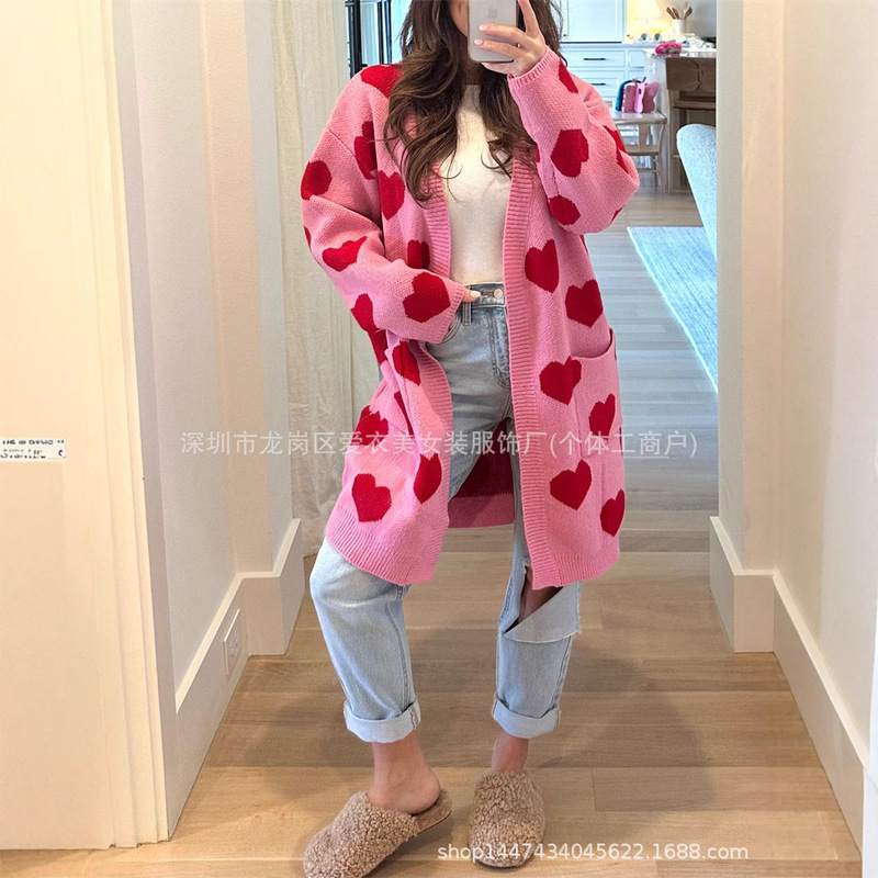 2026 Spring New Cross-Border Valentine's Day Hot-Selling Women's Sweater, Simple Loose Mid-Length Heart-Shaped Color-Blocking Coat 2026 Spring New Cross-Border Valentine's Day Hot-Selling Women's Sweater, Simple Loose Mid-Length Heart-Shaped Color-Blocking Coat
