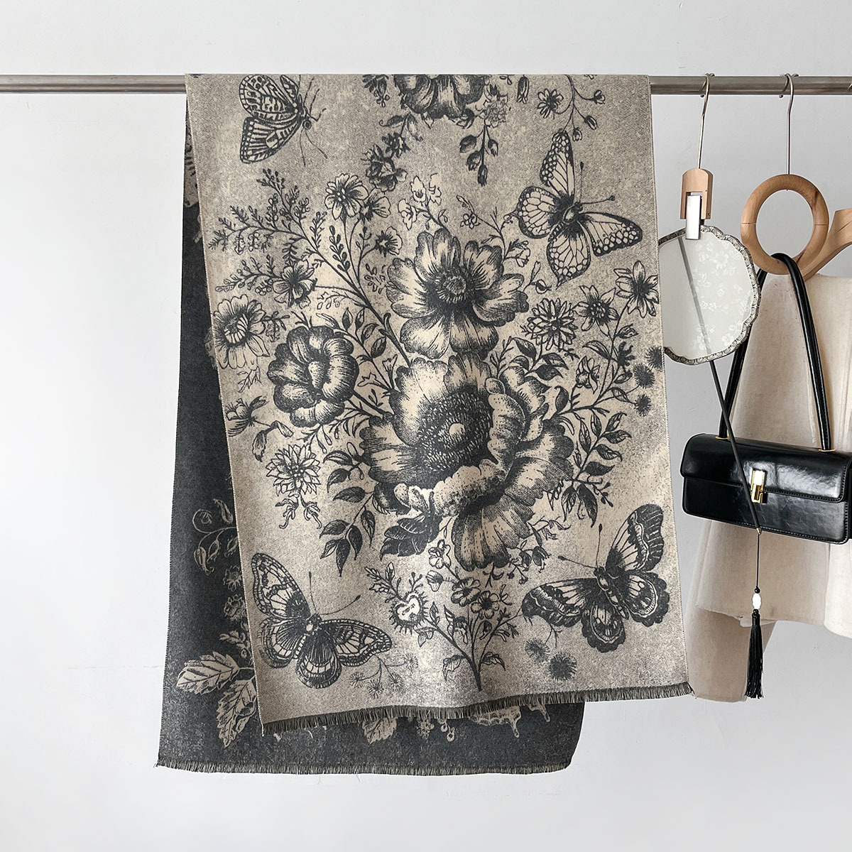 Art retro peonía estilo de mariposa impresión de nuevo estilo de imitación de cashmere doble cara chal elegante bufandas cálidas versátiles