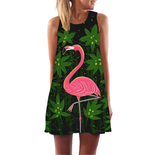 Summer and Autumn European and American Women's 3D Printed Sleeveless Dress Plus Size Sexy A-Line Skirt