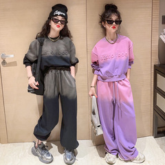 Girls tie-dye gradient suit 2024 spring and autumn new medium and large children's short sweatshirt wide-leg pants two-piece set