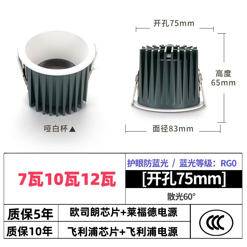 Waterproof downlight, opening 75mm white cup, 10 watts