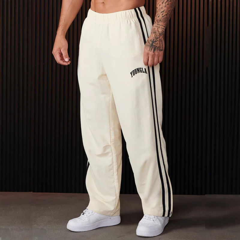 Youngla Men's Sports Pants Double Striped Printed Casual Pants Gym Sports Fitness Mid-Waist Straight-Leg Pants