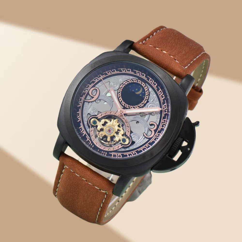 Hollow Mechanical Men's Watch with Genuine Leather Strap, Fully Automatic Waterproof Men's Business Fashion Trend Watch