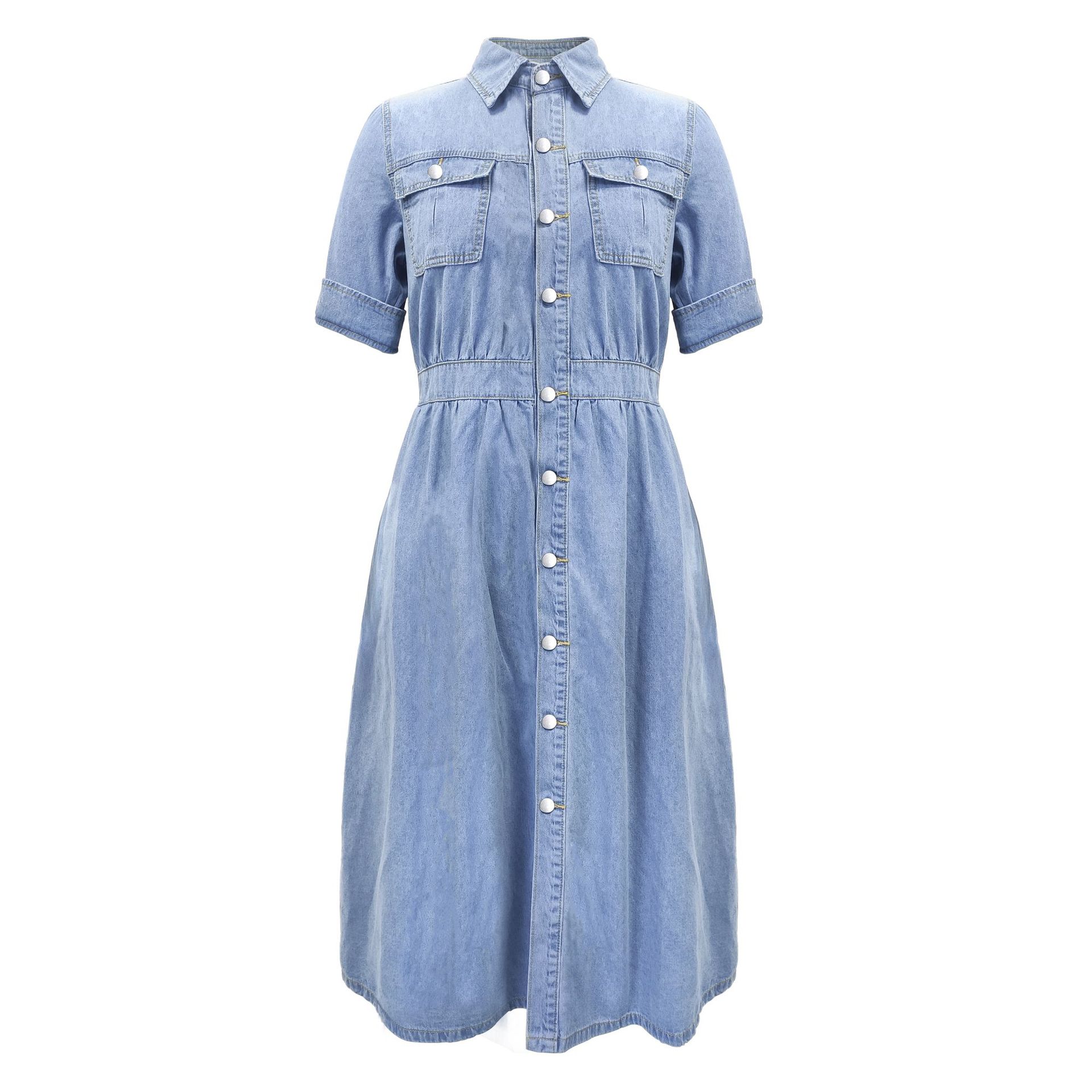Denim Dress Dresses Type Regular Sleeve Sleeve Type Denim Fabric Type Wholesale Women'S Elegant Pocket Solid Color Daily Turndown Short Sleeve Denim Dress