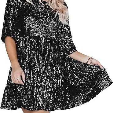 2025 New Sequin Shiny Round Neck Short Sleeve A-Line Loose and Flowing Waist Party Concert Dress