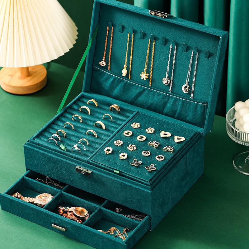 Caja de almacenamiento de joyas de ante de gran capacidad Pendientes de mujer Caja de joyería multifuncional Collar Anillo Caja de joyería de regalo