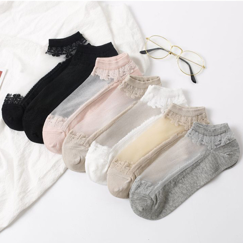 Korean Style College Versatile Comfortable Cotton Sole Solid Color Transparent Crystal Silk Glass Silk Low-Cut Short Socks