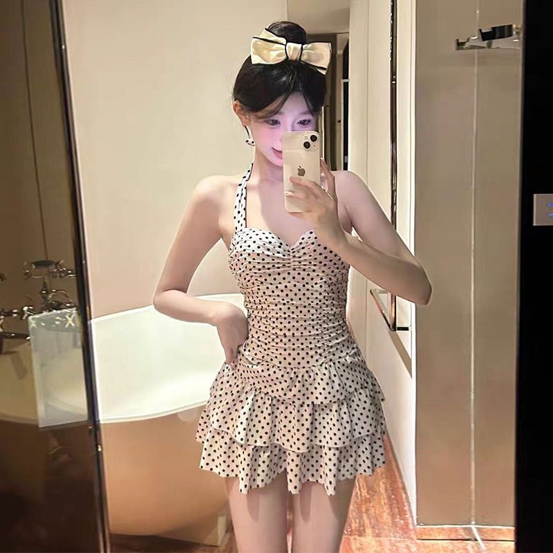 New Fashionable Polka Dot Swimsuit Hot Spring Swimming One-Piece Swimsuit Halter Style Sweet Short Skirt Sexy Waist Swimsuit
