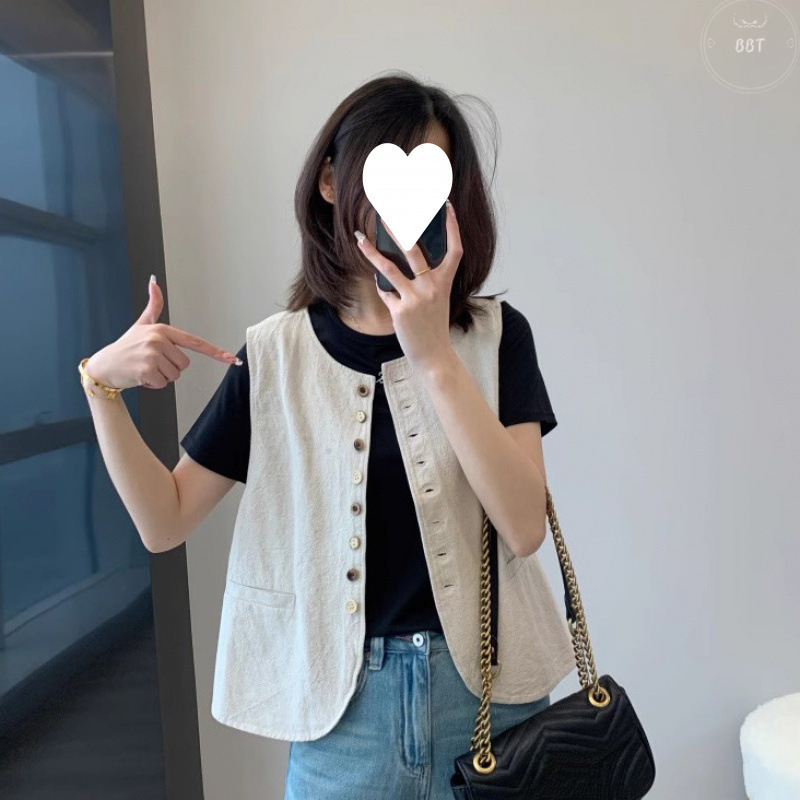 Trendy Simple Versatile Wooden Button Cotton Linen Vest for Women, Loose Slimming Sleeveless Spring Summer Vest Jacket Short