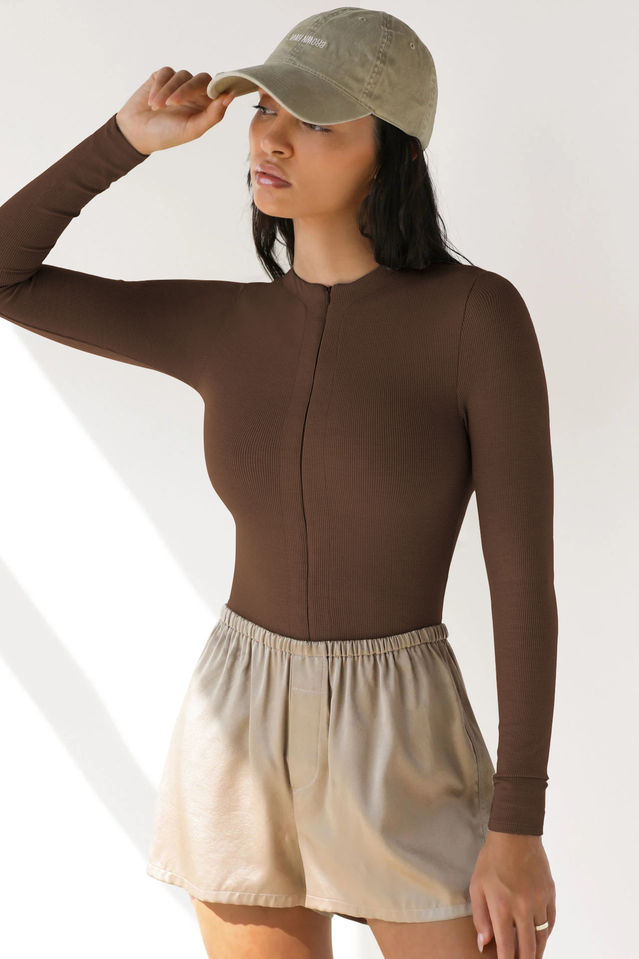 Women's Bodysuit Ribbed Knit Jumpsuit With Versatile Zipper Detail_voghion.com
