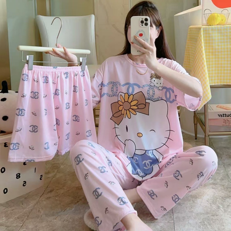 Pijamas de verano transfronterizos pijamas de leche de seda de tres piezas set de dibujos animados comercio exterior ropa para el hogar pantalones de mangas cortas lindos