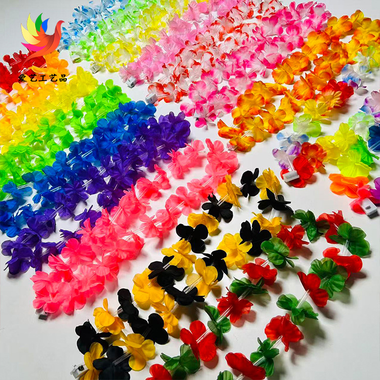 Guirnalda hawaiana exclusiva transfronteriza con luces de poliéster de tela de simulación pétalo luminoso Garland con cuello guirnalda luminosa
