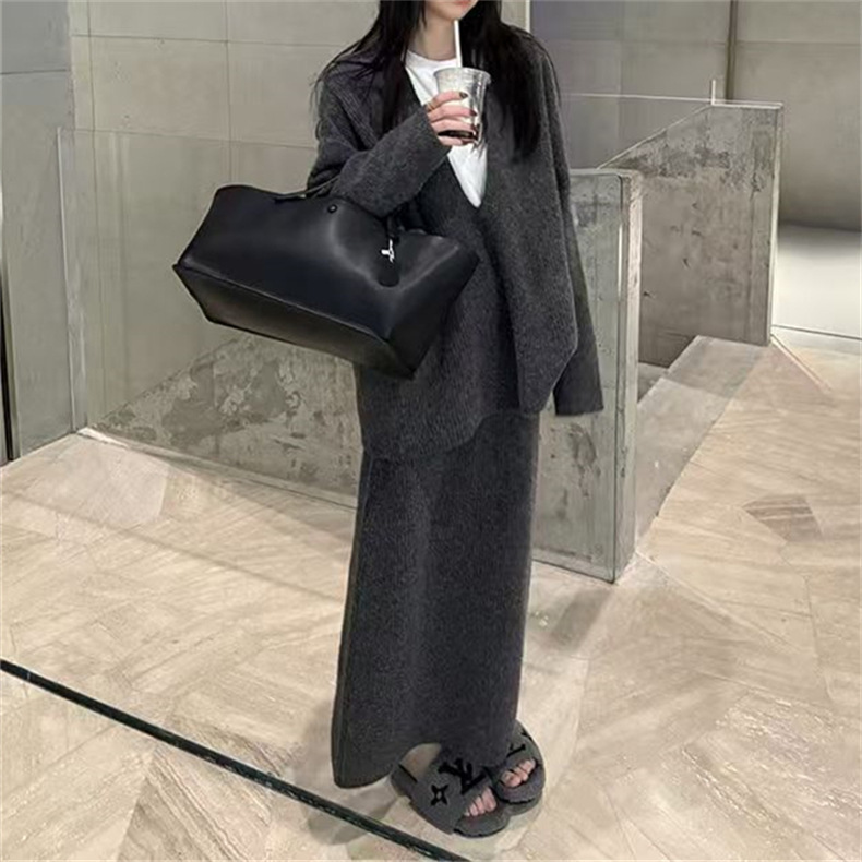 大码慵懒风松弛感V领秋冬新款宽松休闲针织衫两件套阔腿裤套装女|undefined