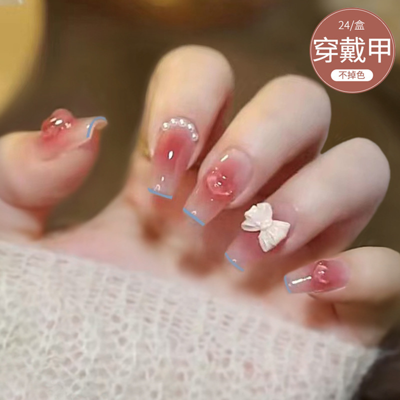 D196 New wear nail beauty nail piece wholesale light feeling peach heart bow detachable nail patch mid-length D196 New wear nail beauty nail piece wholesale light feeling peach heart bow detachable nail patch mid-length