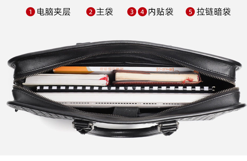 Túi xách nam da bò thật dệt tay cao cấp 40×13×29 cm, túi đeo vai công sở — Màu đen chi tiết 9