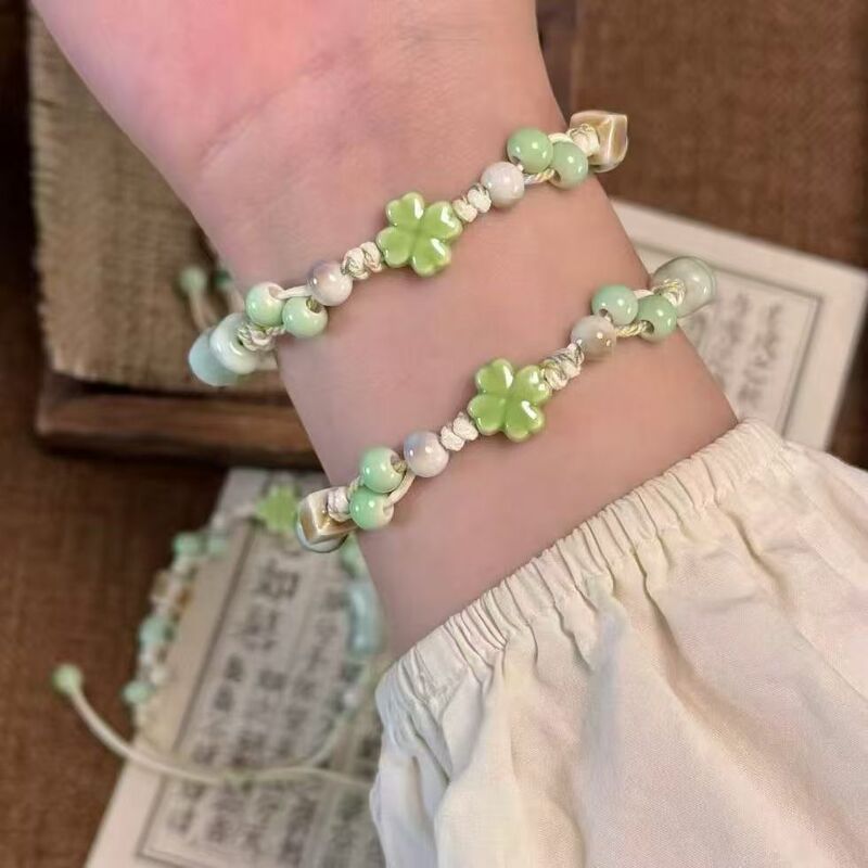 Popular Four-Leaf Clover Lucky Ceramic Bracelet Couple Bracelet High-Looking Ins Adjustable Bestie Niche Gift