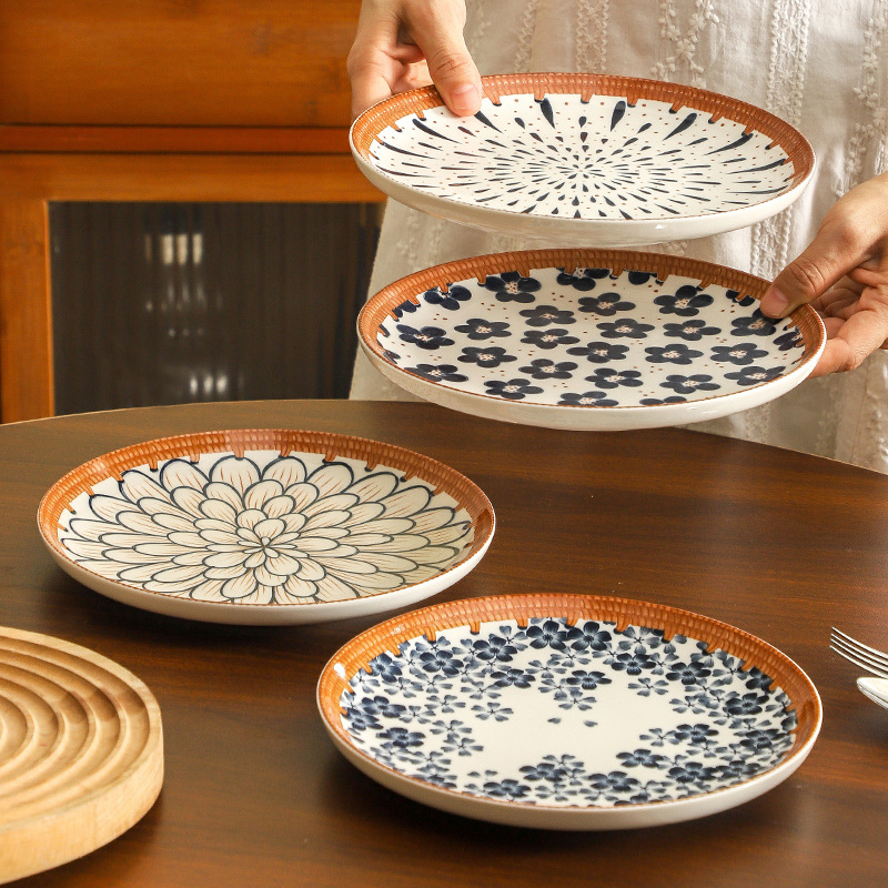 Plato de cerámica japonesa de bambú trenzado, platos de esmalte retro creativos transfronterizos, set de platos de color, regalo de apertura